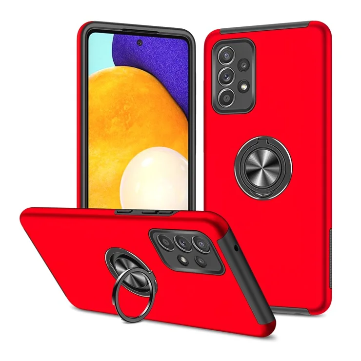 Shockproof Hybrid Phone Case Ring Shape Kickstand Design Cover for Samsung Galaxy A52 5G / 4G - Red