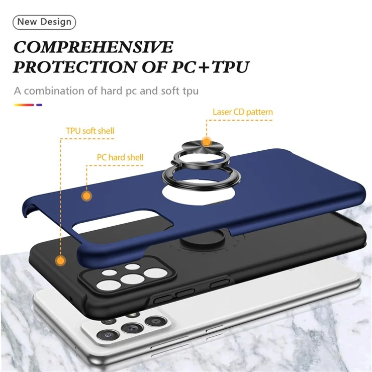 Shockproof Hybrid Phone Case Ring Shape Kickstand Design Cover for Samsung Galaxy A52 5G / 4G - Blue