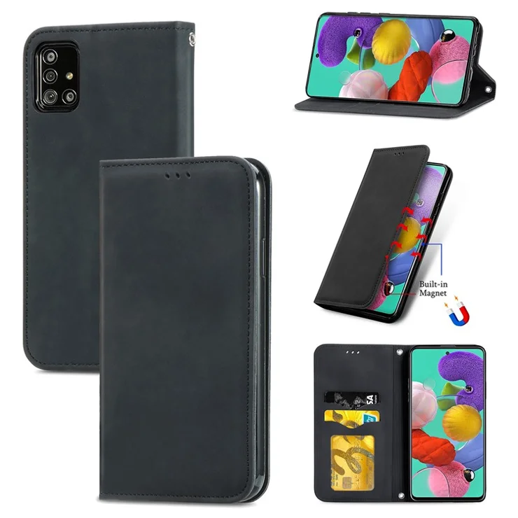 Vintage Skin Feeling Auto-absorbed PU Leather Phone Case for Samsung Galaxy A51 5G SM-A516 - Black