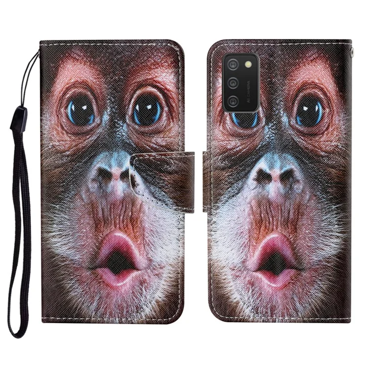 Wallet Design Pattern Printing Phone Cover PU Leather Stand Case with Strap for Samsung Galaxy A02s (164.2x75.9x9.1mm) - Monkey