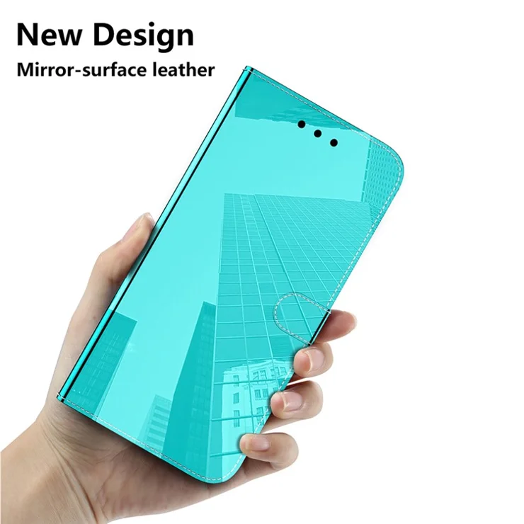 Well-Protected Wallet Stand Design Mirror-like Surface Leather Case with Wrist Strap for Samsung Galaxy A32 4G (EU Version) - Cyan