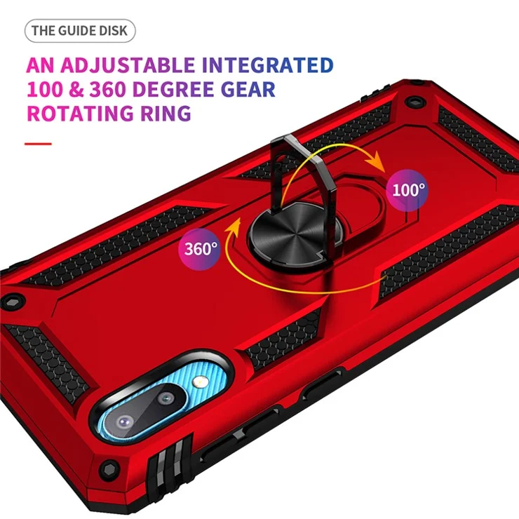 Anti-Fall Mobile Phone Hybrid PC + TPU + Metal Case Cover with Finger Ring Kickstand for Samsung Galaxy M02 / A02 - Red