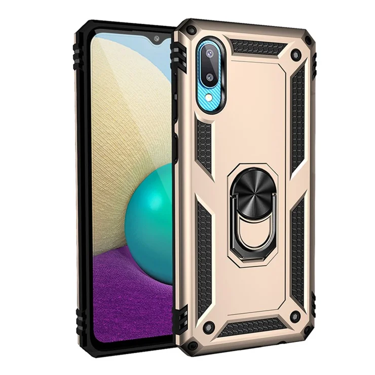 Anti-Fall Mobile Phone Hybrid PC + TPU + Metal Case Cover with Finger Ring Kickstand for Samsung Galaxy M02 / A02 - Gold