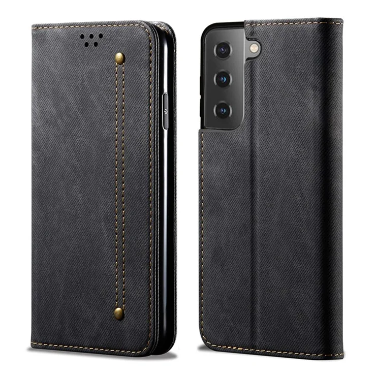 Jeans Cloth Texture Leather Wallet Stand Case for Samsung Galaxy S21 FE - Black