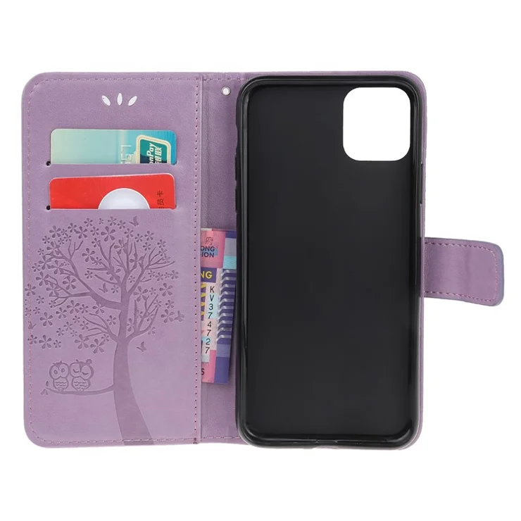 Owl Tree Pattern Imprint Leather Wallet Stand Case for Samsung Galaxy A22 5G (EU Version) - Light Purple
