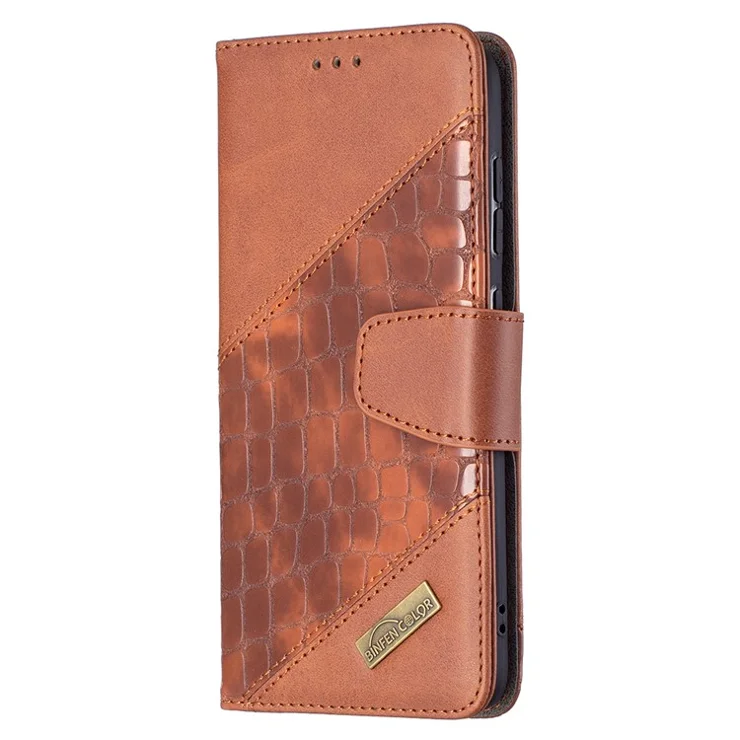 BF04 Splicing Crocodile Texture Leather Phone Shell Wallet Stand Case for Samsung Galaxy S21 FE 5G - Brown