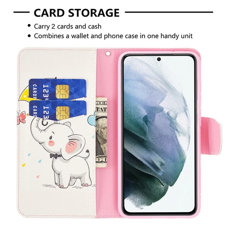 Wallet Design Pattern Printing Full Protection Leather Stand Cover Case for Samsung Galaxy S21 FE 5G - Elephant and Umbrella