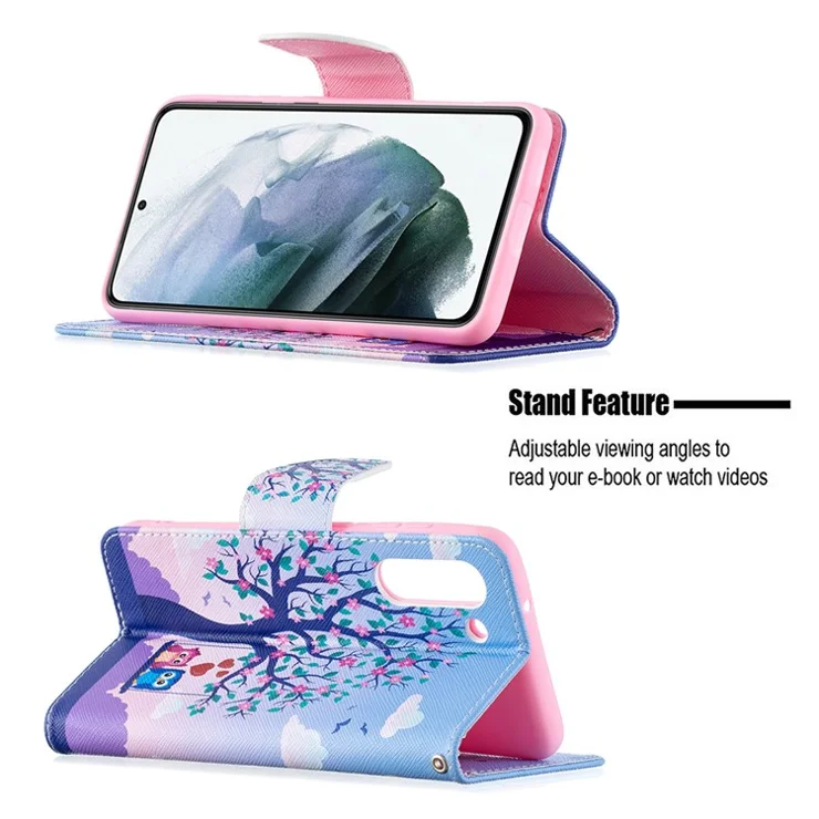 Wallet Design Pattern Printing Full Protection Leather Stand Cover Case for Samsung Galaxy S21 FE 5G - Tree and Owl