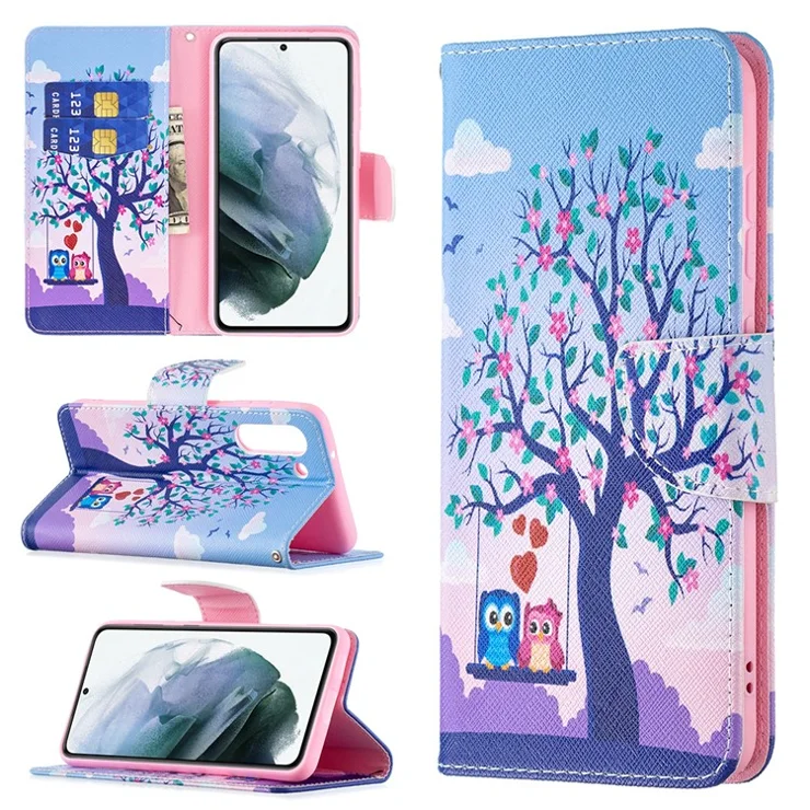 Wallet Design Pattern Printing Full Protection Leather Stand Cover Case for Samsung Galaxy S21 FE 5G - Tree and Owl