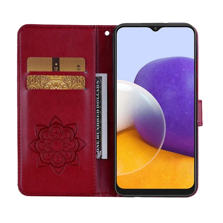Imprint Flower Owl Pattern Stand Phone Leather Wallet Cover for Samsung Galaxy A22 5G (EU Version) - Brown