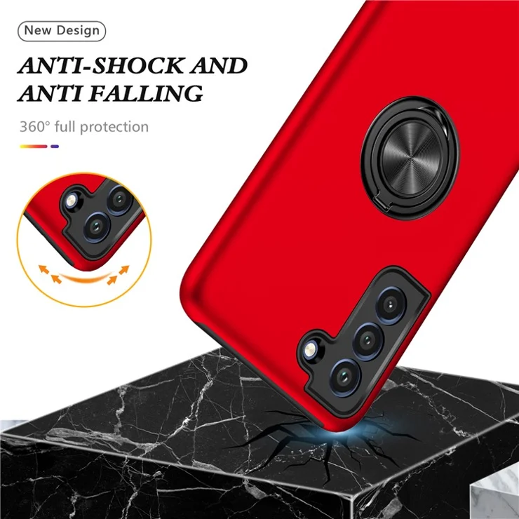 Invisible Ring Kickstand Design Hybrid Mobile Phone Case Cover for Samsung Galaxy S21 FE - Red