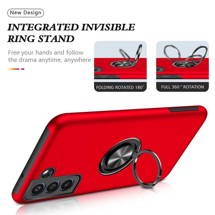 Invisible Ring Kickstand Design Hybrid Mobile Phone Case Cover for Samsung Galaxy S21 FE - Red