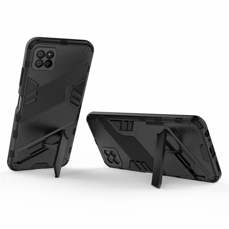Foldable Kickstand PC + TPU Hybrid Phone Cover Back Case for Samsung Galaxy A22 5G (EU Version) - Black