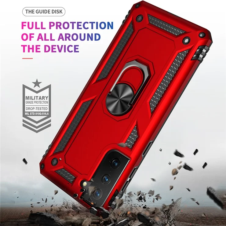 Anti-Fall Phone Hybrid PC + TPU + Metal Case Cover with Finger Ring Kickstand for Samsung Galaxy S21 FE - Red