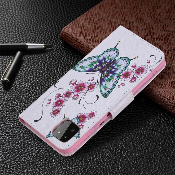 Wallet Stand Design Pattern Printing Flip Leather Phone Case Shell for Samsung Galaxy A22 5G (EU Version) - Butterfly and Flower