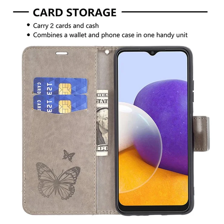 Butterfly Pattern Imprint Leather Wallet Case Shell for Samsung Galaxy A22 5G (EU Version) - Grey