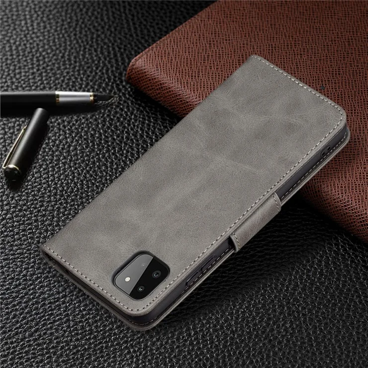 Wallet Leather Stand Shell Cover with Hand Strap for Samsung Galaxy A22 5G (EU Version) - Grey