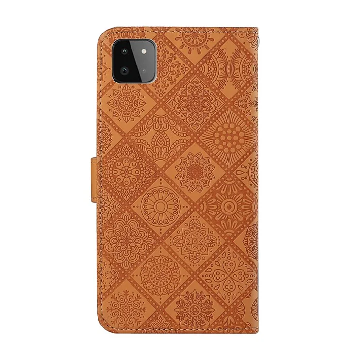 Imprinted Flower Wallet Leather Protective Case Magnet Clasp Flip Cover for Samsung Galaxy A22 5G (EU Version) - Brown