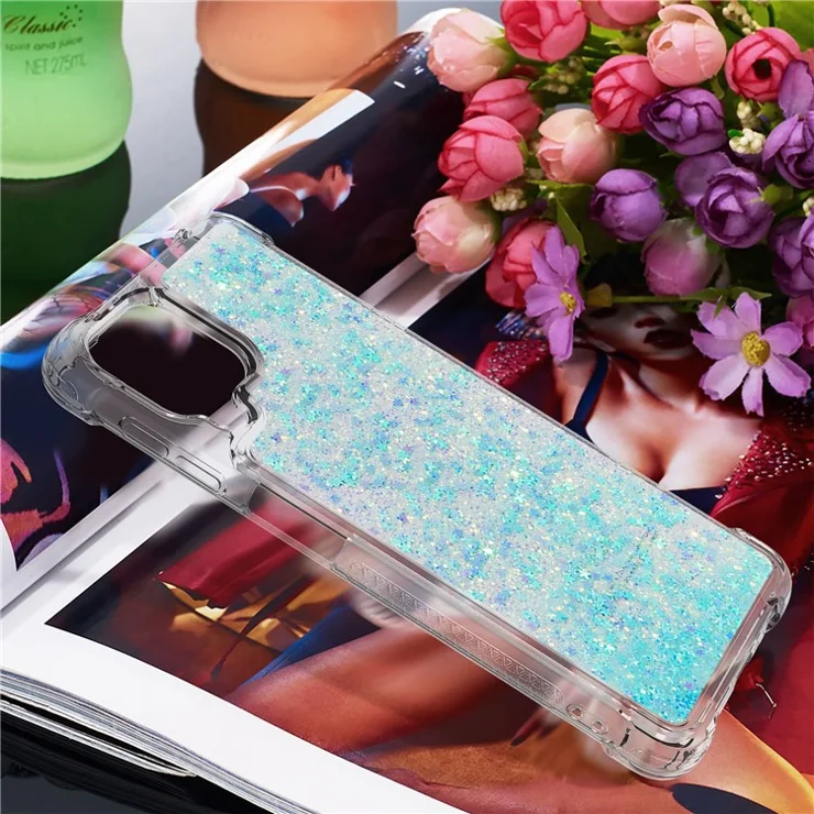 Liquid Shiny Quicksand Case For Samsung Galaxy A22 4G (EU Version) Soft TPU Phone Cover - Silver Blue Stars