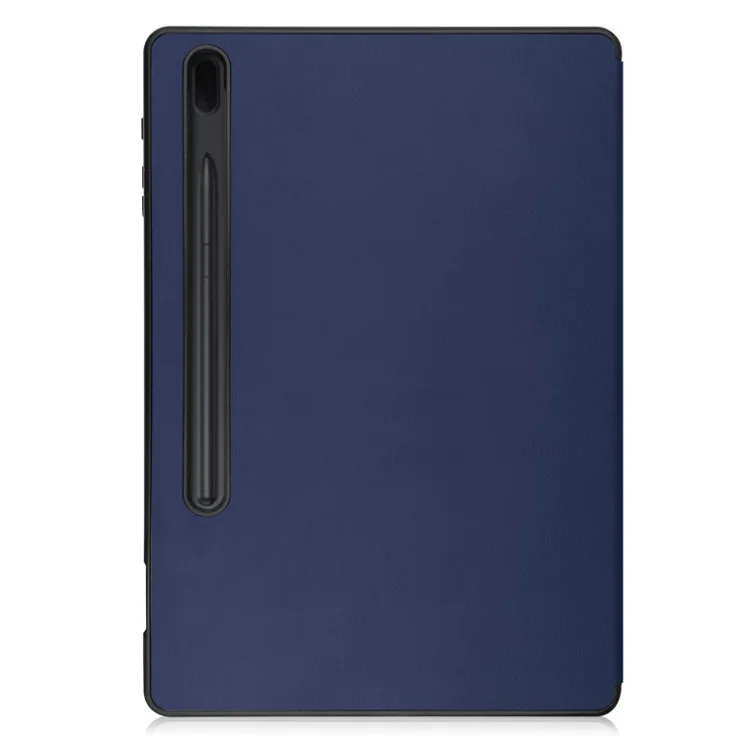 Tri-fold Stand PU Leather + TPU Inner Tablet Cover Smart Case with Pen Slot for Samsung Galaxy Tab S7 FE SM-T730/SM-T736 - Dark Blue