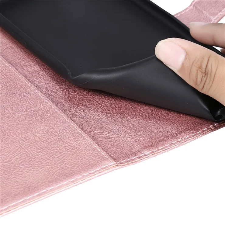 For Samsung Galaxy S21 FE Case Solid Color Leather Mobile Cover Wallet Stand with Strap - Rose Gold