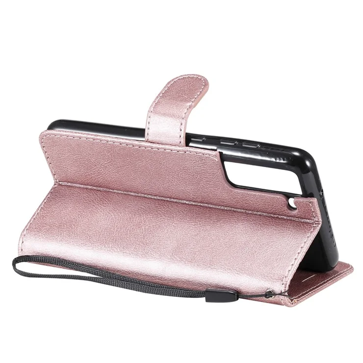 For Samsung Galaxy S21 FE Case Solid Color Leather Mobile Cover Wallet Stand with Strap - Rose Gold