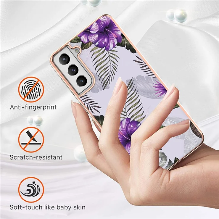 For Samsung Galaxy S21+ 5G TPU Cases IMD Pattern Electroplating Soft Phone Back Cover - Purple Flower
