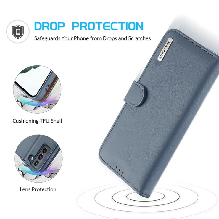 DUX DUCIS Hivo Series Split Leather Multiple Slots Wallet Adjustable Stand Phone Cover Shell for Samsung Galaxy S21 FE - Blue