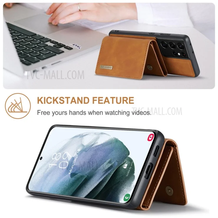 DG.MING M1 Series Kickstand Design PU Leather Phone Case with Magnetic Wallet for Samsung Galaxy S21 Ultra 5G - Brown