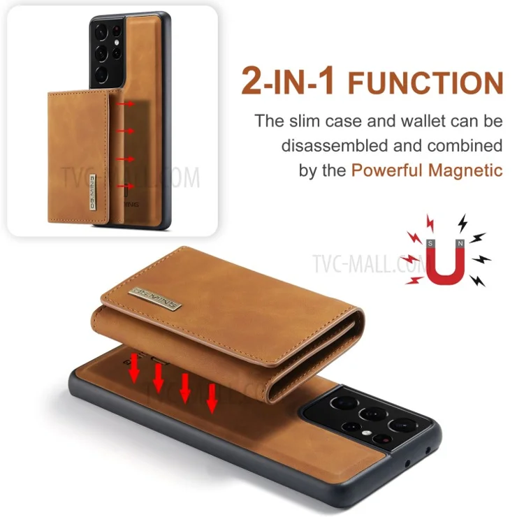 DG.MING M1 Series Kickstand Design PU Leather Phone Case with Magnetic Wallet for Samsung Galaxy S21 Ultra 5G - Brown