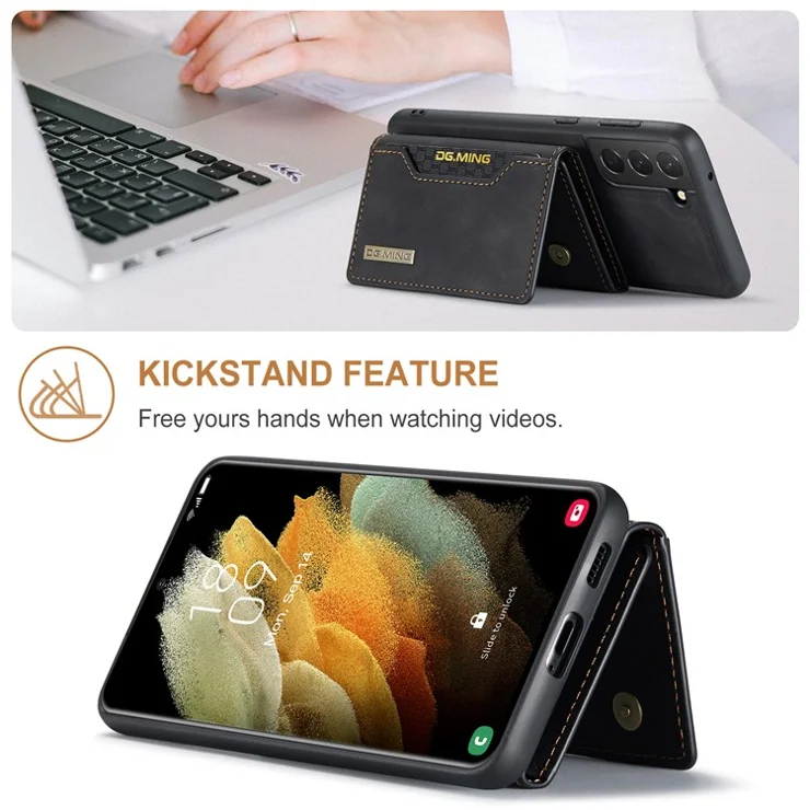 DG.MING M2 Series Detachable Wallet Design Hybrid Case with Kickstand for Samsung Galaxy S21 FE - Black