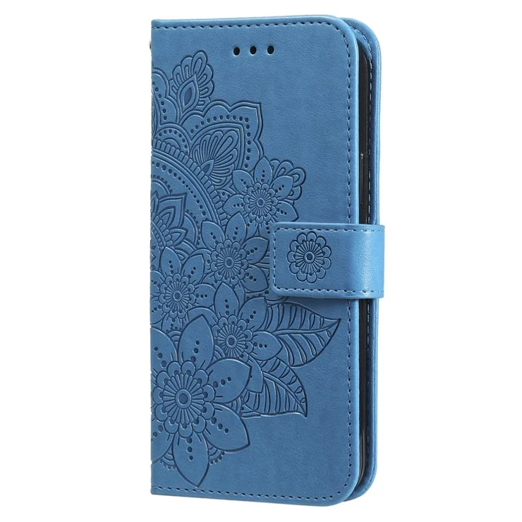 PU Leather Wallet Phone Case [Imprint Flowers Pattern] with Lanyard for Samsung Galaxy S21 Ultra 5G - Blue
