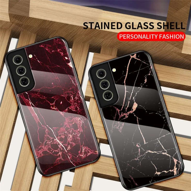 Scratch-Resistant Marble Pattern Luxury Hard Tempered Glass Back Cover Phone Case for Samsung Galaxy S21 FE - Blood Red Marble