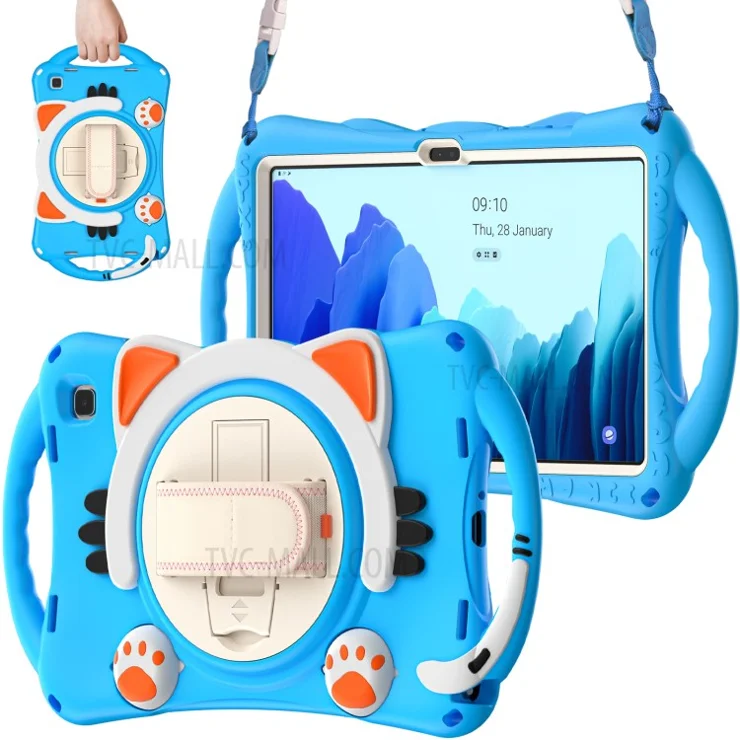 Kickstand Tablet Cover with Shoulder Strap + Hand Band for Samsung Galaxy Tab A7 10.4 (2020) / (2022) T500 / T505 / T507 / T505N - Sky Blue / Orange