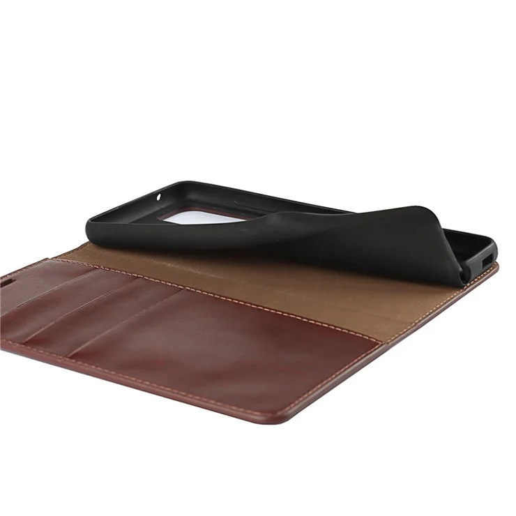 Crazy Horse Skin Genuine Leather Wallet Phone Case with Stand for Samsung Galaxy A52 4G/5G / A52s 5G - Coffee
