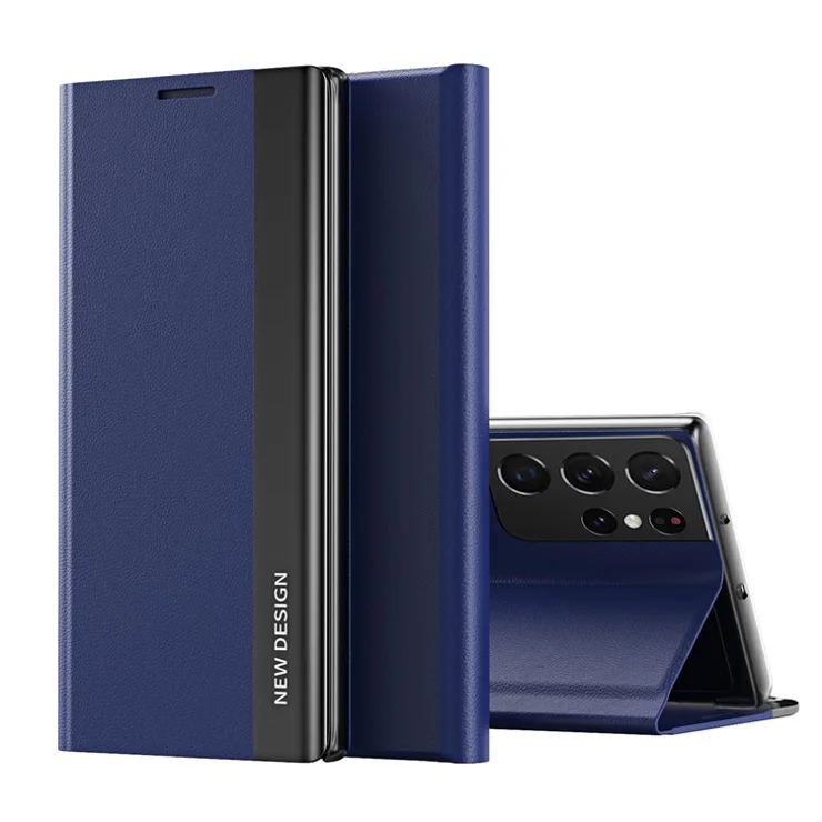 Auto-absorbed Stand Leather Phone Case for Samsung Galaxy S21 Ultra 5G - Dark Blue