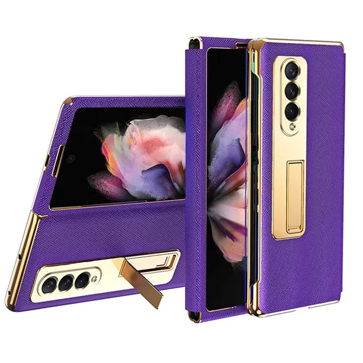 Leather Coated PC with Electroplating Frame Folding Phone Case Cover with Kickstand for Samsung Galaxy Z Fold3 5G - Purple