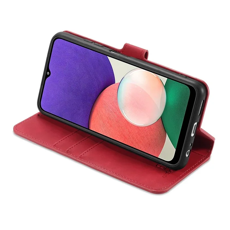 DG.MING Retro Style Leather Folio Flip Wallet Stand Cover with Strap for Samsung Galaxy A22 5G (EU Version) - Red
