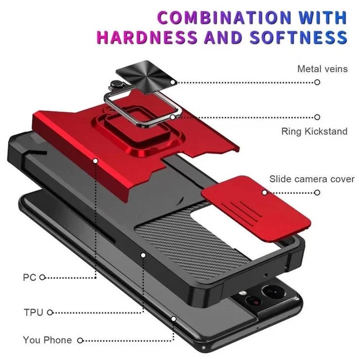 Drop-Proof Hybrid Phone Case Camera Slider Cover Shell with Card Holder for Samsung Galaxy S21 Ultra 5G - Navy Blue