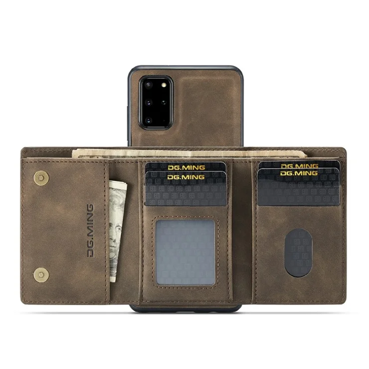DG.MING M1 Series Magnetic Wallet Design Leather Coated Hybrid Phone Shell with Kickstand for Samsung Galaxy S20 Plus - Coffee