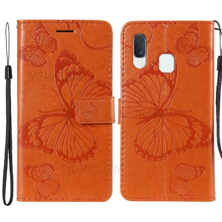 For Samsung Galaxy A20e / A202 Wallet Case Floral Butterfly Imprinted Leather Phone Cover Stand - Orange