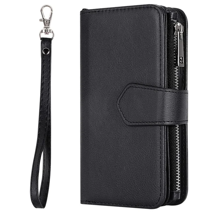 For Samsung Galaxy S21 5G / 4G Magnetic Leather Case Mobile Cover with Detachable Zipper Wallet Strap - Black