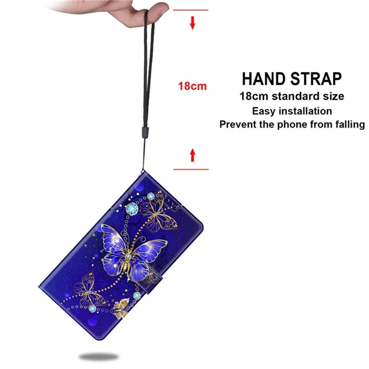 Pattern Printing Leather Flip Cover with Card Slots and Lanyard Stand Case for Samsung Galaxy A12 - Purple/Butterfly