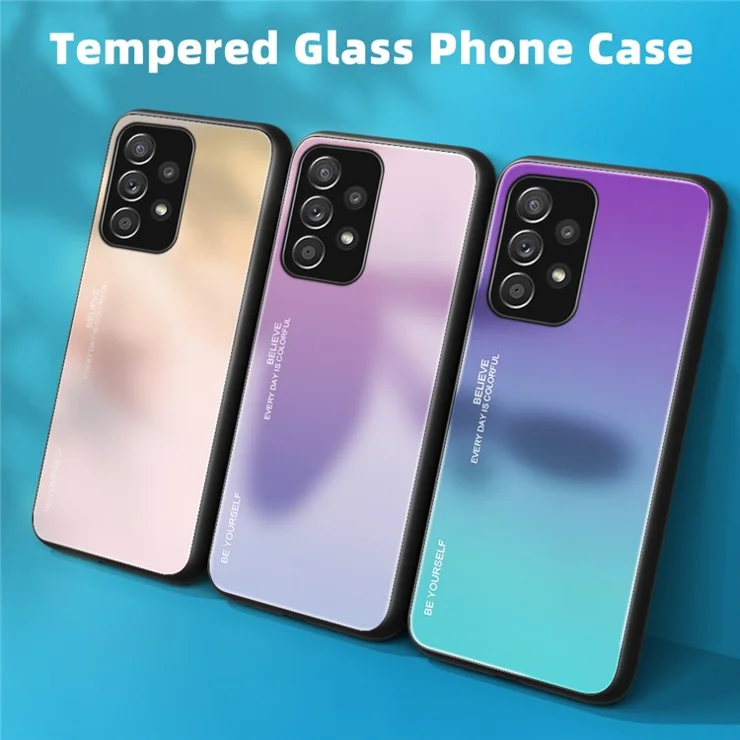 Gradient Color Glass Back Panel + TPU Frame Phone Hybrid Case Shell for Samsung Galaxy A32 4G (EU Version) - Gold/Pink