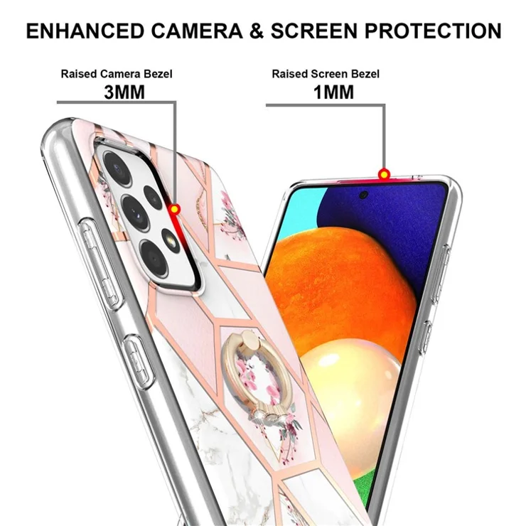 Marble Pattern IMD Design Finger Ring Kickstand TPU Phone Protective Cover Case for Samsung Galaxy A52 5G/4G / Galaxy A52s 5G - Pink Flowers