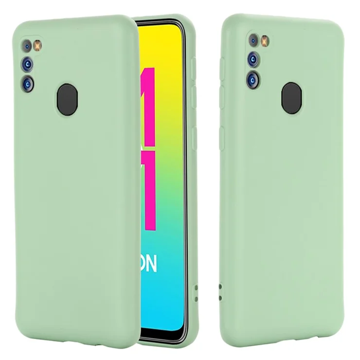 Anti-Scratch Microfiber Liner Shock Absorption Liquid Silicone Case with Strap for Samsung Galaxy M21 2021 - Green