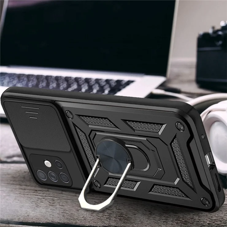 Anti-fingerprint Durable PC + TPU Slide Camera Cover Kickstand Phone Case for Samsung Galaxy A51 4G SM-A515 - Silver