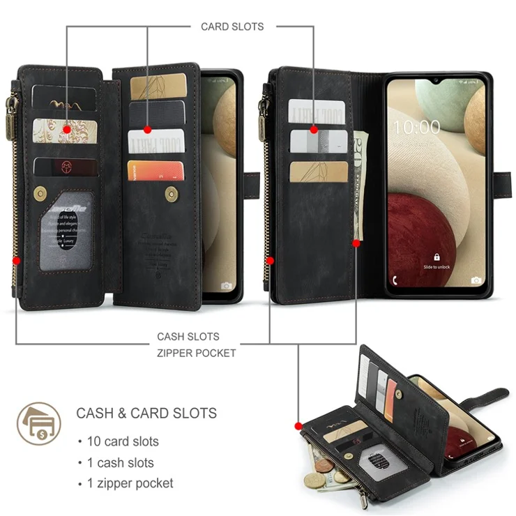 For Samsung Galaxy A12 Phone Cases with Strap CASEME C30 Zipper Multiple Card Holder PU Leather Cover - Black
