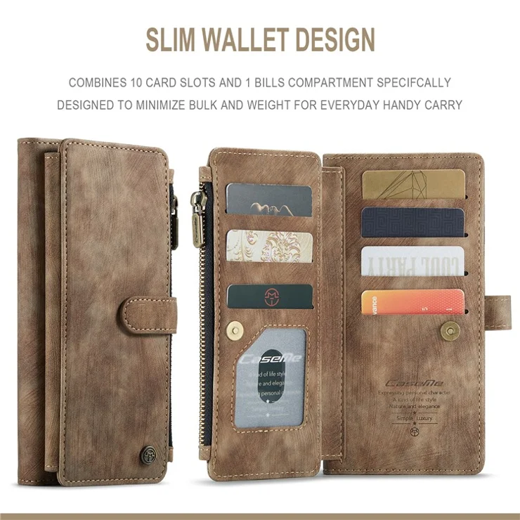 For Samsung Galaxy A52s 5G / A52 4G / 5G Phone Cases with Strap CASEME C30 Zipper Multiple Card Holder PU Leather Cover - Brown