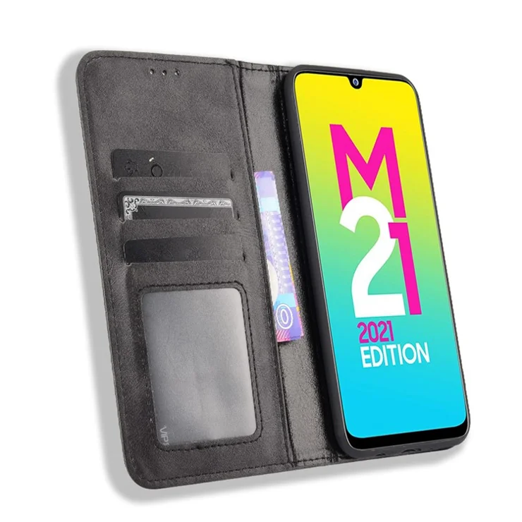 Vintage Magnetic Auto-absorbed Leather Wallet Stand Phone Case Shell Protector for Samsung Galaxy M21 2021 - Black